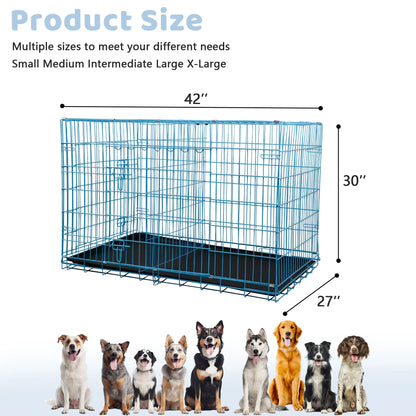42 Inch Dog Crate, Dog Crates and Kennels for Big Dog Foldable Large Dog Crate for Large Dogs with Handle Double-Door Outdoor Metal Wire Dog Cage with Plastic Tray for Medium Dogs, Blue