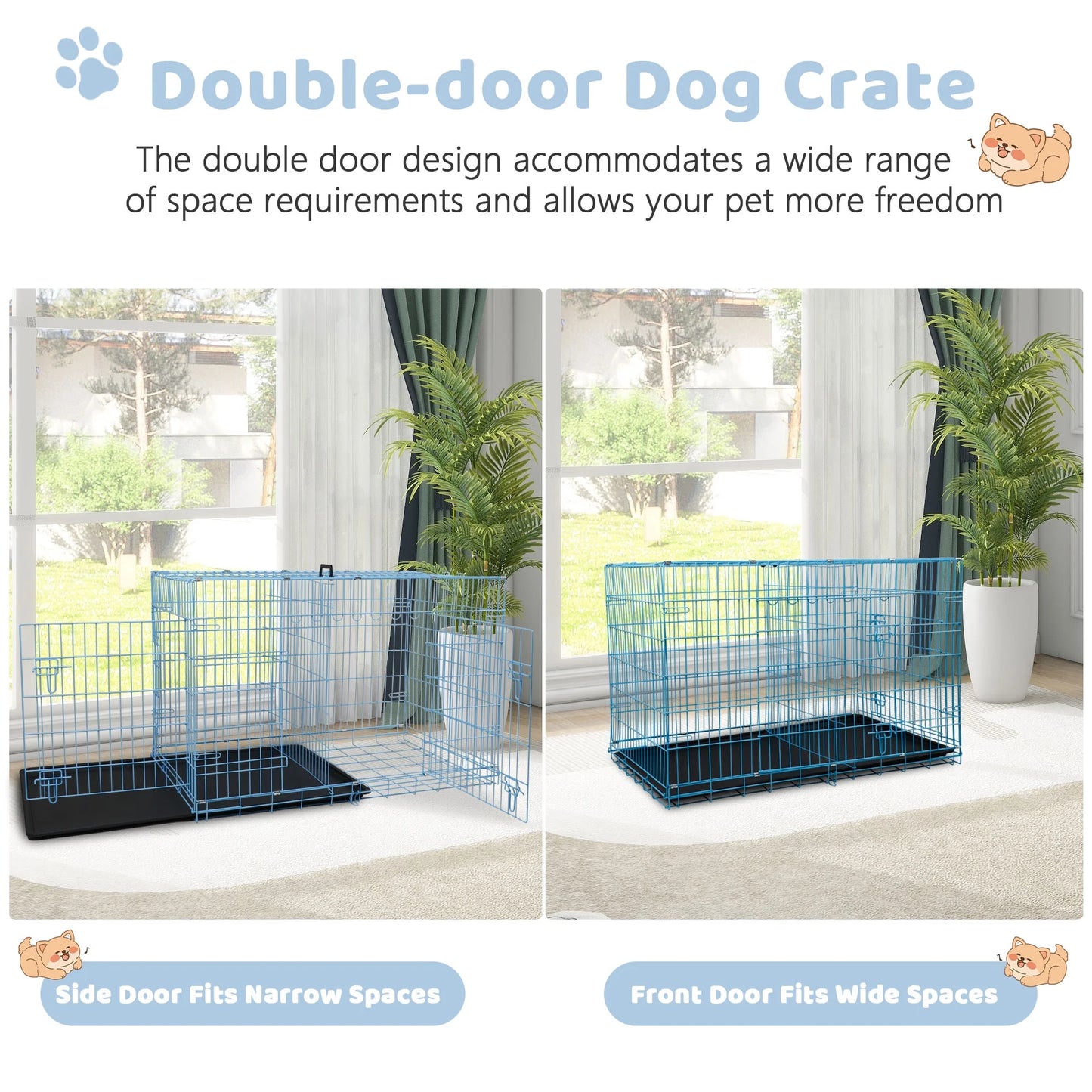 36 Inch Dog Crate, Dog Crates and Kennels for Big Dog Foldable Large Dog Crate for Large Dogs with Handle Double-Door Outdoor Metal Wire Dog Cage with Plastic Tray for Medium Dogs, Blue