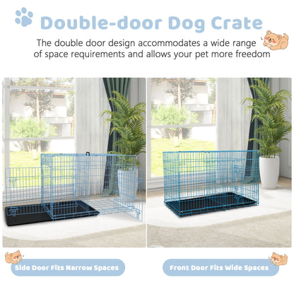 36 Inch Dog Crate, Dog Crates and Kennels for Big Dog Foldable Large Dog Crate for Large Dogs with Handle Double-Door Outdoor Metal Wire Dog Cage with Plastic Tray for Medium Dogs, Blue