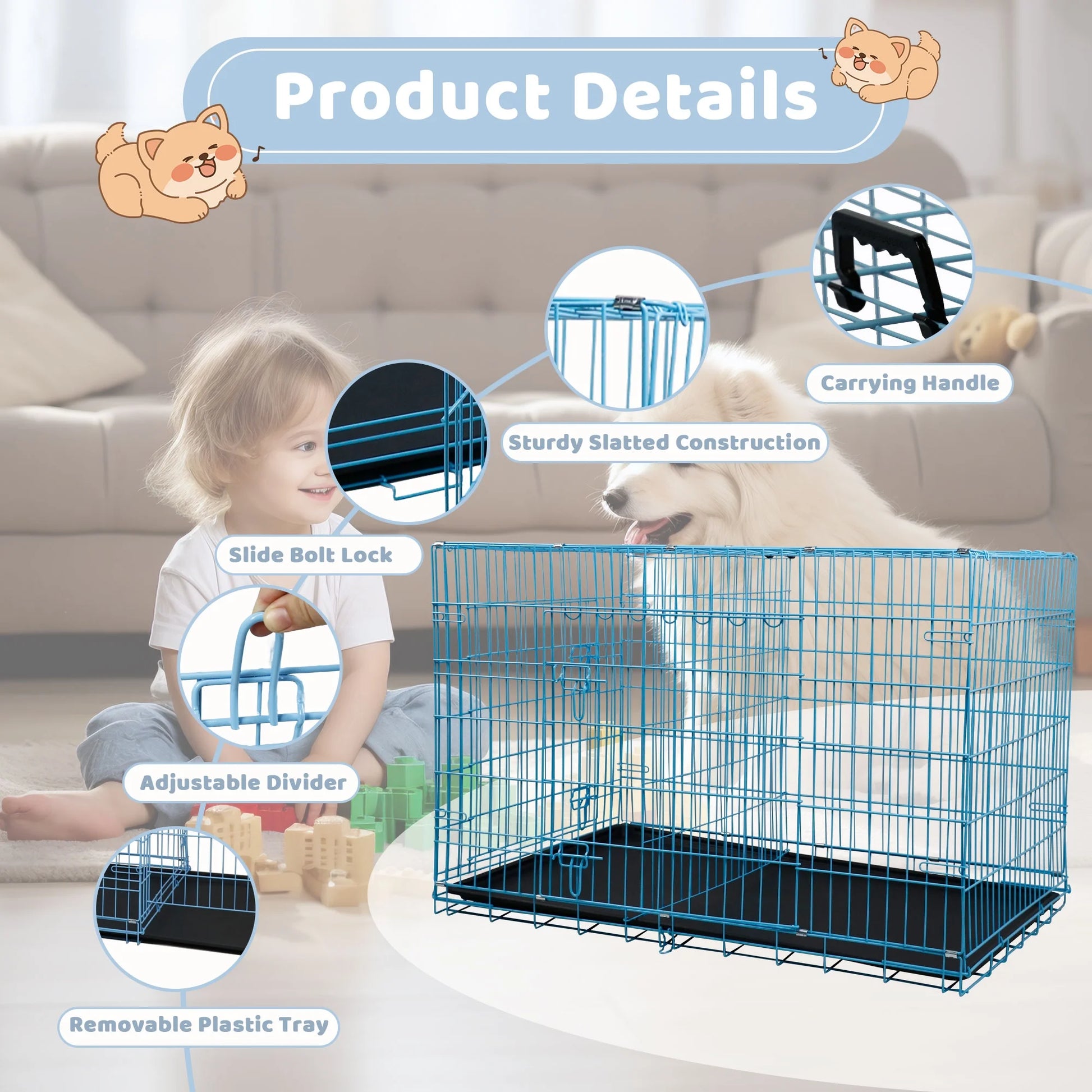 36 Inch Dog Crate, Dog Crates and Kennels for Big Dog Foldable Large Dog Crate for Large Dogs with Handle Double-Door Outdoor Metal Wire Dog Cage with Plastic Tray for Medium Dogs, Blue
