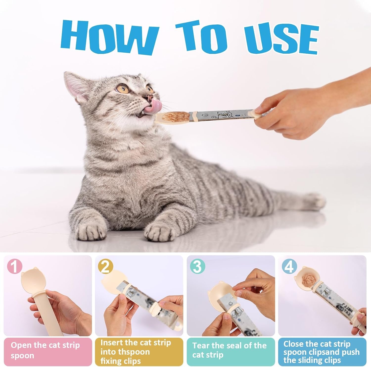 Cat Treat Dispenser Cat Treat Spoon Squeeze 8PCS Lickable Cat Holder with Cat Strip Feeder Spoon and Temptations Licky Treats Happy Cat Tube and Squeeze up Cat Food Spoons for Wet Food (Cat Head)