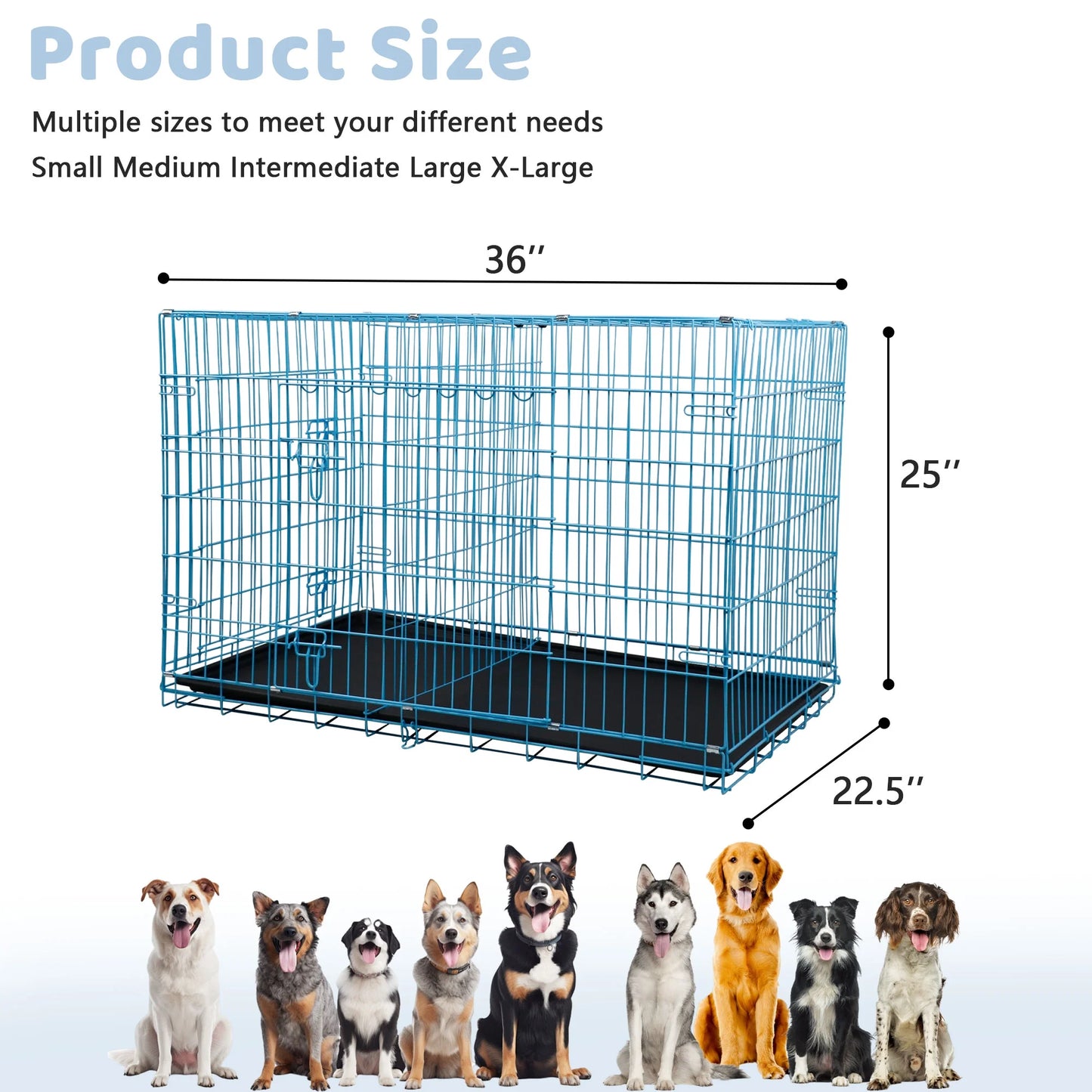36 Inch Dog Crate, Dog Crates and Kennels for Big Dog Foldable Large Dog Crate for Large Dogs with Handle Double-Door Outdoor Metal Wire Dog Cage with Plastic Tray for Medium Dogs, Blue